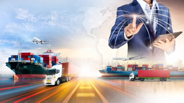 Businessman Touching Virtual Screen World Map Global Logistics Network Distribution — Stock Photo, Image