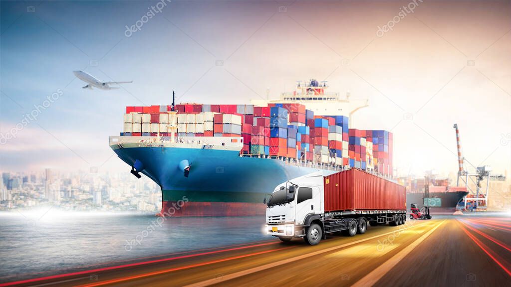 Global business logistics import export and container cargo freight ship loading at port by crane, container handlers, cargo airplane, truck on highway, transport industry concept, Depth blur effect