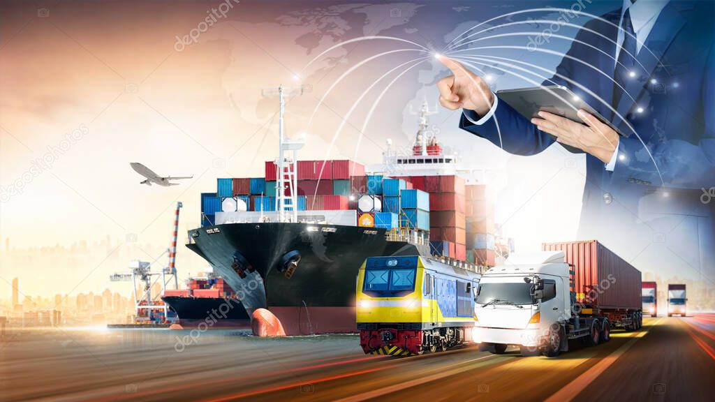 Businessman touching virtual screen world map of Global logistics network distribution, Container cargo freight ship at industrial port for logistics Import export background, Smart technology concept