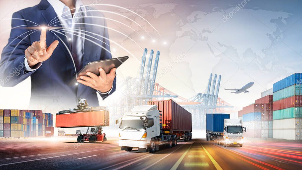 Businessman touching virtual screen world map of Global logistics network distribution, Container cargo freight ship at industrial port for logistics Import export background, Smart technology concept