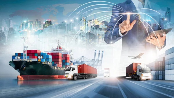 Businessman Touching Virtual Screen World Map Global Logistics Network Distribution — Stock Photo, Image