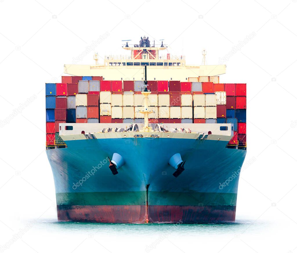 Container Cargo Ship isolated on white background, Freight Transportation and Logistic Concept, Shipping