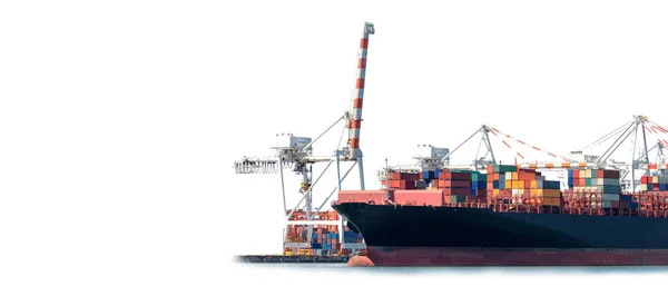 集装箱货船在港口货运码头的白色背景上隔离 具有复印空间 货物运输和物流概念 — 图库照片