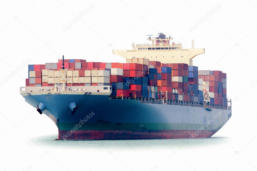 Container Cargo Ship and Tug boat isolated on white background, Freight Transportation and Logistic Concept, Shipping