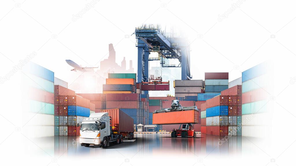 Logistics import export and International transportation of forklift handling container loading box to the freight cargo truck at container yard storage on city white background with copy space, plane