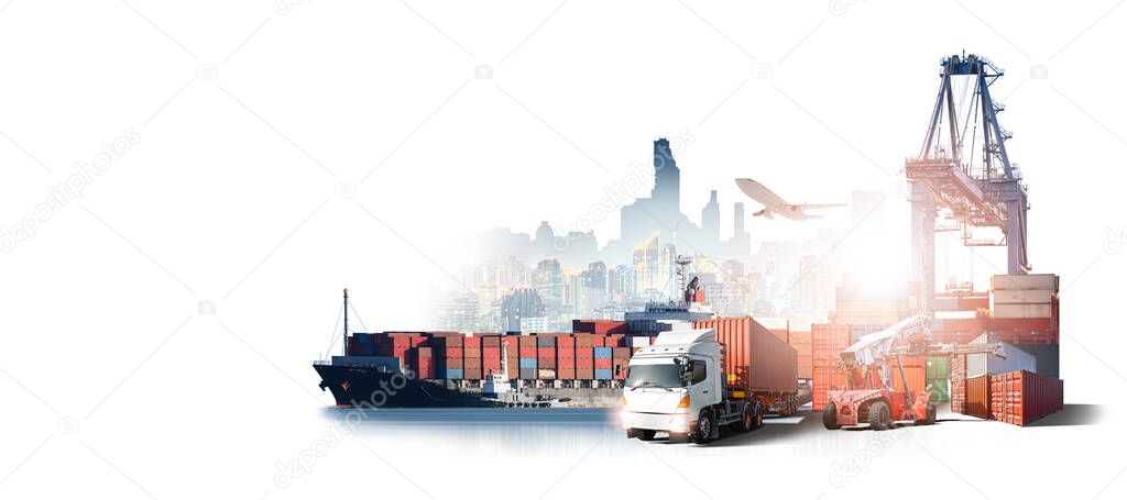 Global business logistics import export of containers cargo freight ship loading at port by crane, container handlers, cargo plane, truck on city background with copy space, transport industry concept