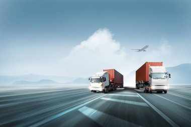 Logistics import export and cargo transportation industry concept of Container Truck run on highway road at sunset blue sky background with copy space, cargo airplane, moving by motion blur effect clipart