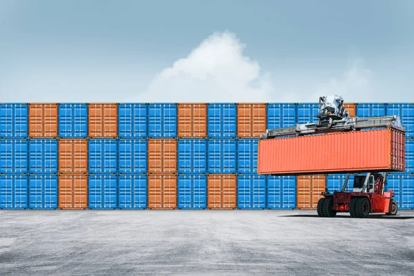 Stos Kolorowych Kontenerów Box Cargo Stoczni Portowej Container Handler Załadunku — Zdjęcie stockowe