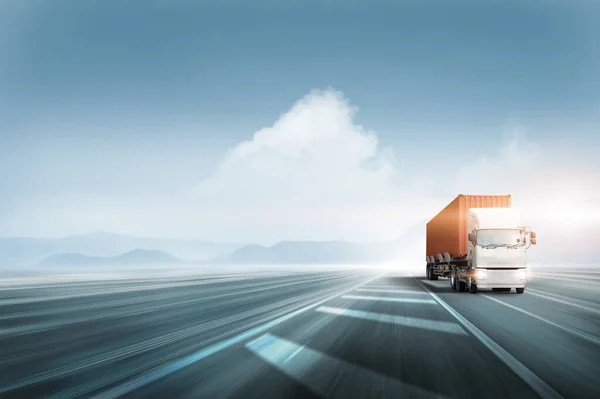 Transportation and logistics concept of Container Truck on highway road at sunset blue sky with copy space, Global Business logistic import export and cargo truck transport industry background