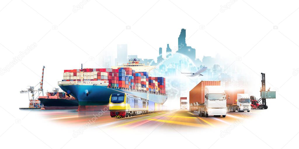 Logistics import export and International transportation of containers cargo ship at port, freight train, container handlers, cargo plane, truck on city white background, transport industry concept