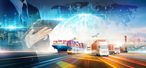 Smart Logistics Networks Distribution Businessman Using Tablet Delivery Transport Technology — Stockfoto