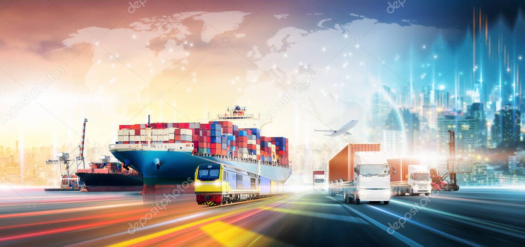 Global business logistics technology network distribution on world map background, Smart logistics import export and transportation industrial concept of container cargo freight ship, Truck on highway
