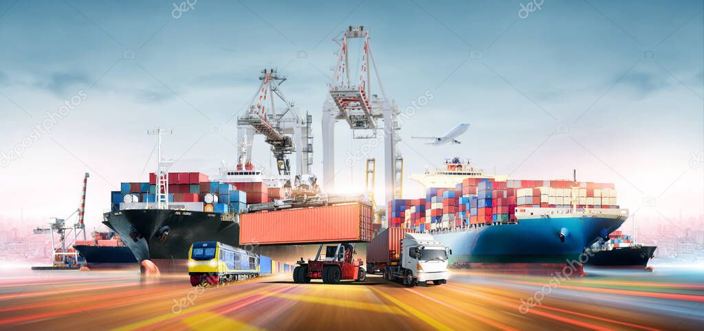Global business logistics transport import export and International trade concept, Logistics distribution of containers cargo freight ship, train, truck and plane, Transportation industry background
