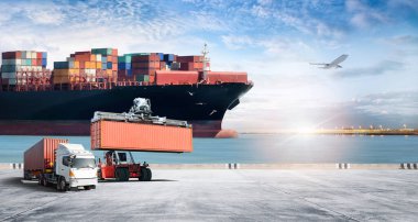 Global business logistics transport import export concept, Logistics distribution of container cargo freight ship, Truck and container handler forklift, cargo plane, Transportation industry background