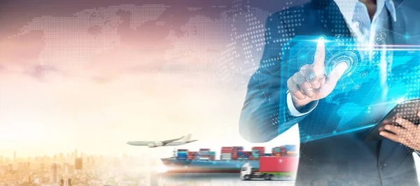 Smart technology and Global business concept, International trade, Digital screen of logistics network distribution and container cargo freight ship, Logistics import export transportation background