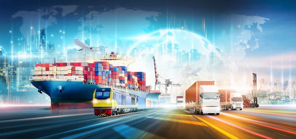 Global business logistics technology network distribution on world map background, Smart logistics import export and transportation industrial concept of container cargo freight ship, Truck on highway