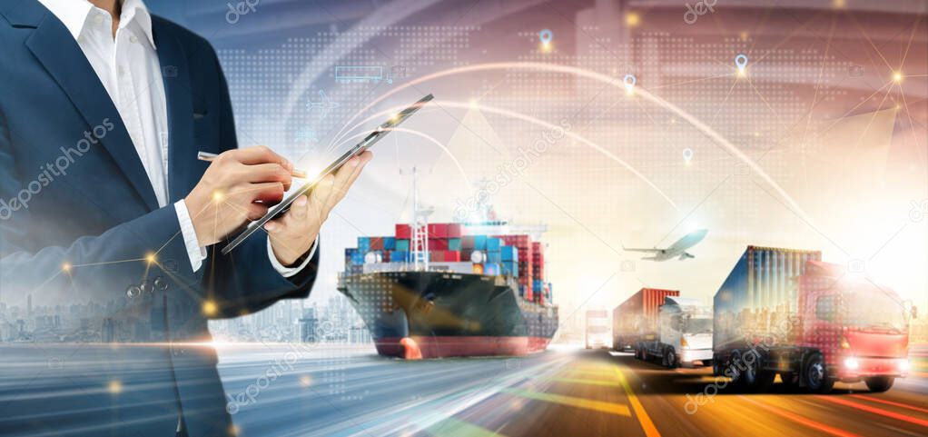 Global business network distribution of container cargo freight ship, plane, Truck and Businessman using tablet to delivery, Smart technology concept, Logistics import export transportation background