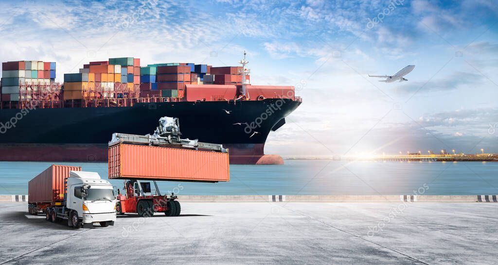 Global business logistics transport import export concept, Logistics distribution of container cargo freight ship, Truck and container handler forklift, cargo plane, Transportation industry background