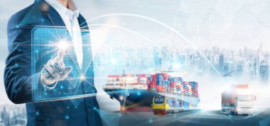 Global Business logistics import export transportation and smart technology concept, Businessman press on virtual screen of logistic network distribution, Container cargo freight ship background