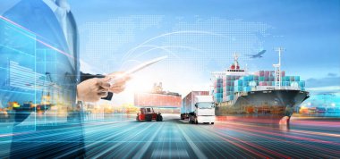 Business and Technology of Logistics Transport Concept, Double Exposure of Businessman using tablet control delivery network distribution import export on world map background, Future Transportation