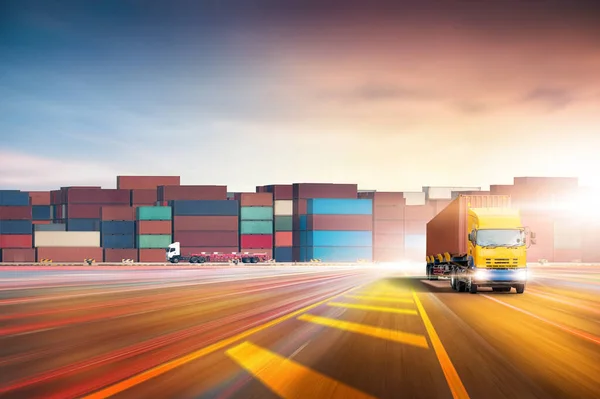 Truck Transport and Logistics Cargo Freight Import Export Concept, Truck with Red Container on highway road at ship port sunset sky with copy space, Global Business, Transportation industry background