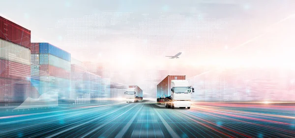 Technology Digital Future Cargo Container Logistics Transport Concept Double Exposure — Stockfoto