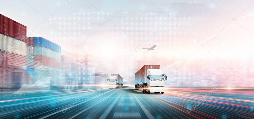 Technology Digital Future of Cargo Container Logistics Transport Concept, Double Exposure Polygon Wireframe of Container Freight Truck, Plane, Modern futuristic Import Export Transportation Background