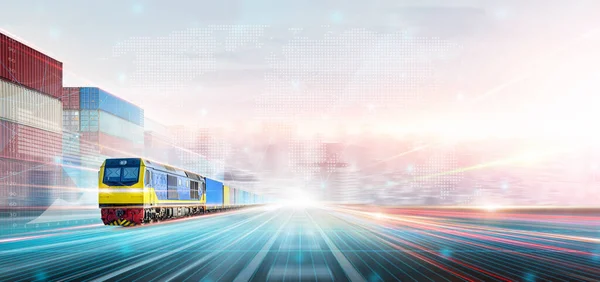 Rail Freight Transport and Technology Logistics Future Concept, Double Exposure Polygon Wireframe of Container Cargo Train at Container Yard, Modern Futuristic Import Export Transportation Background