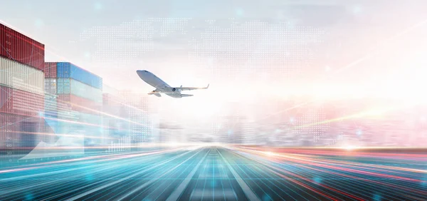 Technology Digital Future of Cargo Plane Logistics Transport Concept, Airplane taking off from Airport runway, Modern Futuristic Transportation Import Export Background, Global Business Distribution