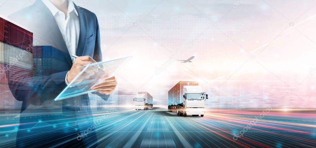 Business and Technology Digital Future of Cargo Containers Logistics Transport Concept, Double Exposure of Business man using Tablet and Freight Truck at Port, Transportation Import Export Background