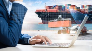 Business and Technology Digital of Cargo Containers Logistics Transport Concept, Business man using Tablet and Freight Ship, Container Truck, Forklift at Port, Transportation Import Export Background