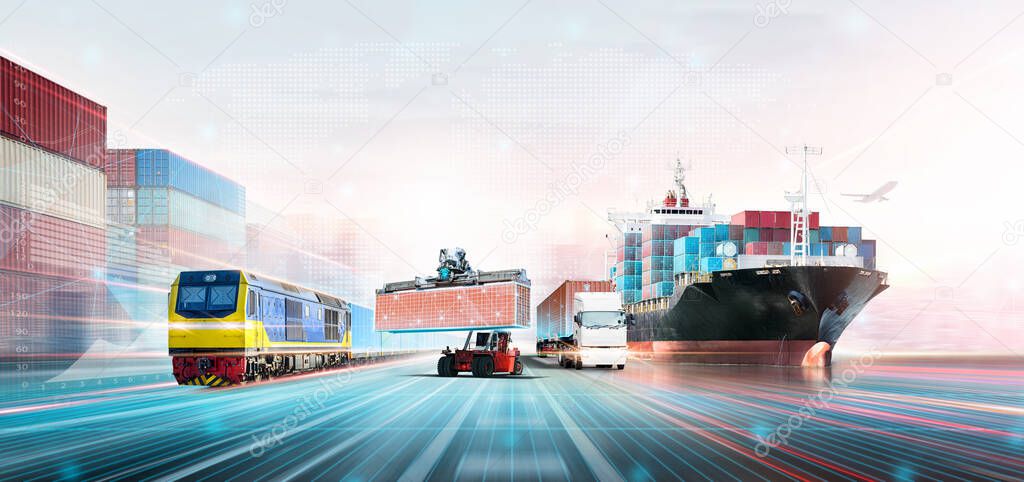 Global Business Network Distribution and Technology Digital Future of Cargo Containers Logistics Transport Import Export Concept, Double Exposure of Freight Shipping, Modern Futuristic Transportation