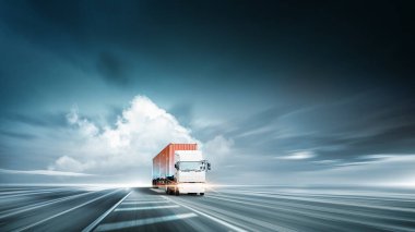 Technology digital future of cargo containers logistics transport import export concept, Freight truck on highway road at dramatic blue sky with copy space, Modern futuristic transportation background