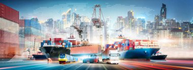Global Business Network Distribution and Technology Digital Future of Cargo Containers Logistics Transport Concept, Double Exposure of Freight Ship, Modern Futuristic Transportation Import Export