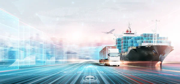 Smart Logistics Digital Marketing Technology Concept Double Exposure Polygon Wireframe — Stockfoto