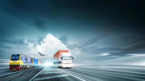 Technology Future of Cargo Container Logistics Transport Concept, Freight Train, Plane, Truck on Highway Road at Dramatic Sky with Copy Space, Modern Futuristic Transportation Import Export Background