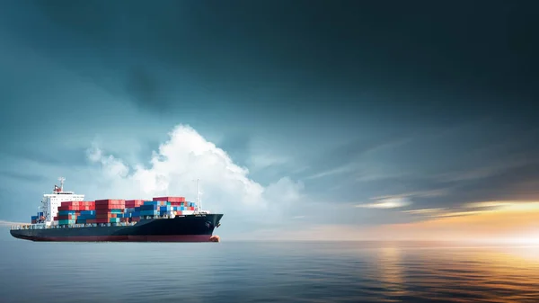 Container Cargo Ship Ocean Sunset Dramatic Sky Background Copy Space — Stok fotoğraf