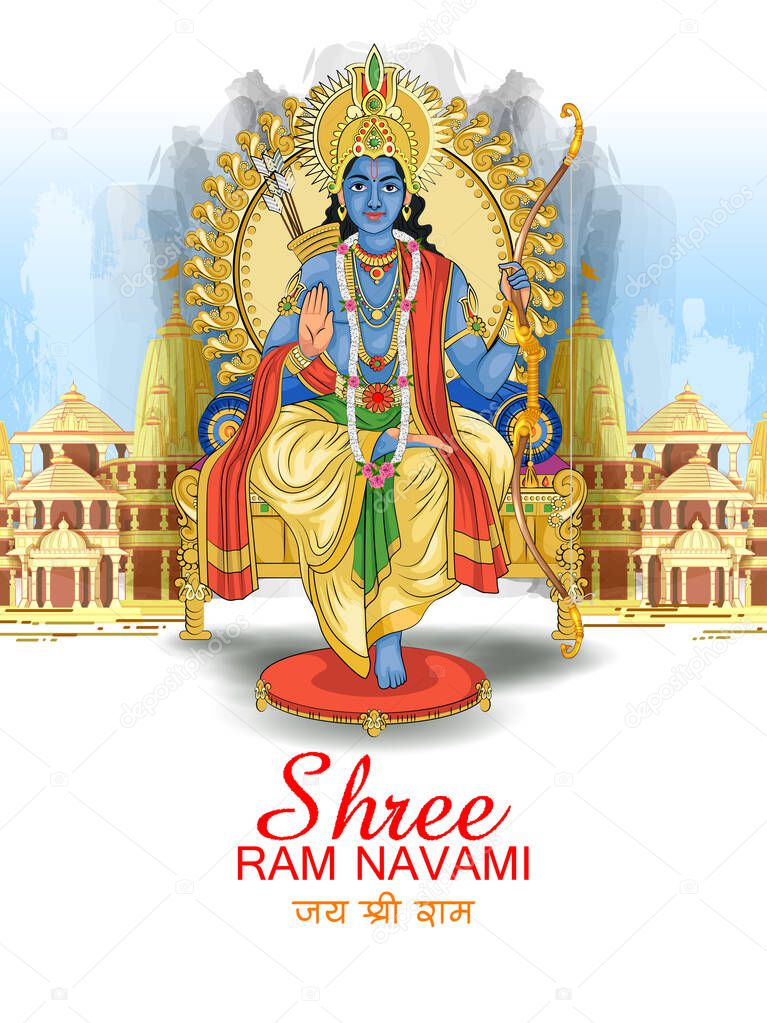 Lord Rama for India festival Happy Ram Navami background with Hindi greetings Jai Shree Ram meaning Victory to Lord Ram