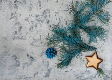 Noel kış tebrik kartı, köknar dalları ve beyaz arka planda Noel ağacı oyuncakları.