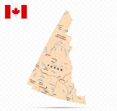 Yukon Haritası. Kanada 'da şehirler ve kasabalar