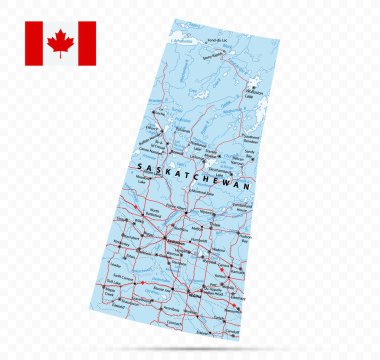 Saskatchewan Haritası. Kanada 'da şehirler ve kasabalar.