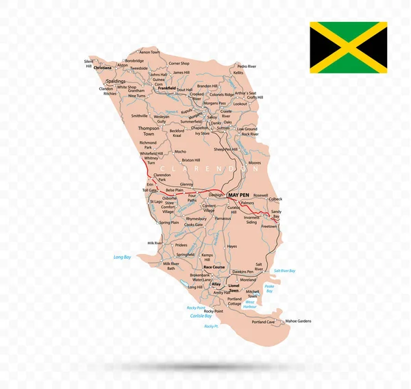 Clarendon Haritası Şehirleri Şehirleri Olan Jamaika Eyaleti — Stok Vektör