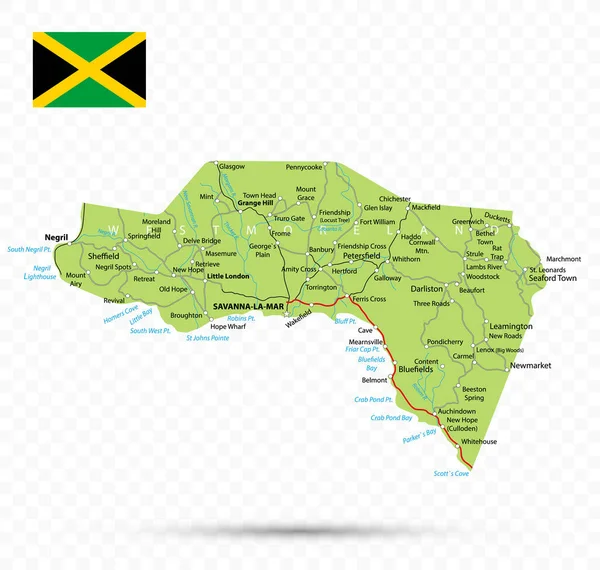 Westmoreland Haritası Şehirleri Şehirleri Olan Jamaika Eyaleti — Stok Vektör