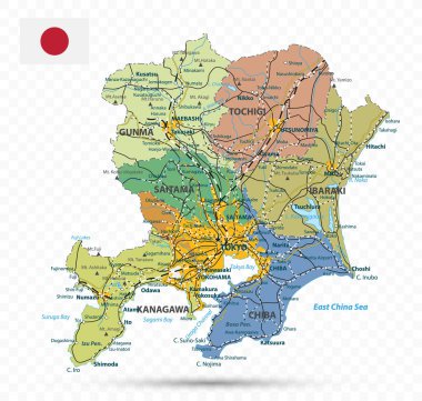 Kanto Haritası. Japonya Bölgesi Haritası. Vektör illüstrasyonu.