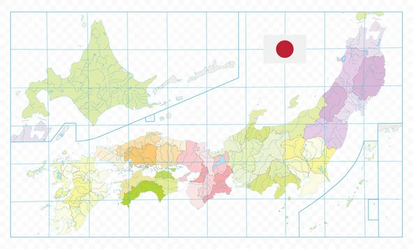 日本の詳細な政治地図 透明感のある背景で切り取る — ストックベクタ