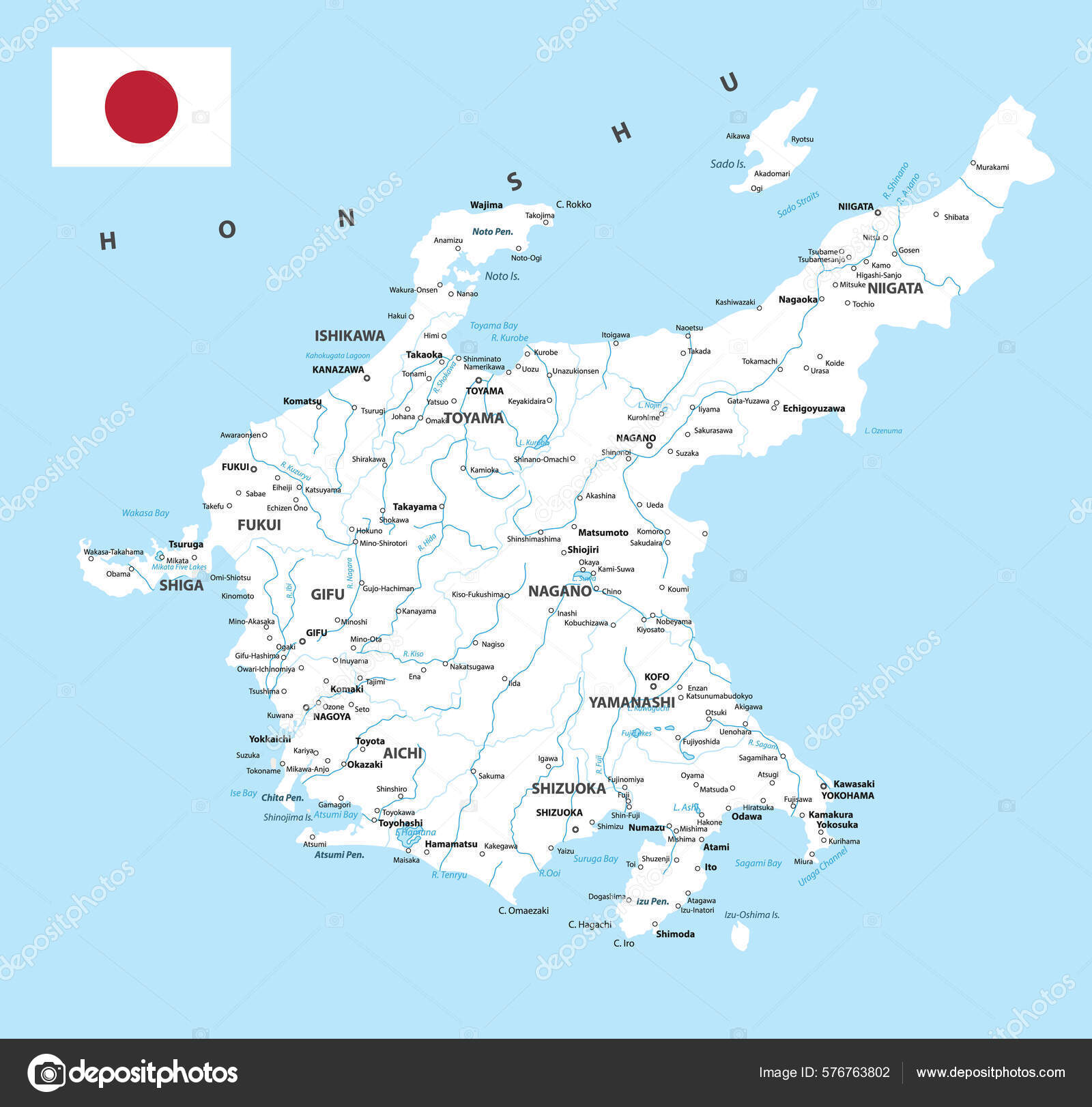 Карта Чубу Карта Префектуры Японии Белый Цвет Векторная.