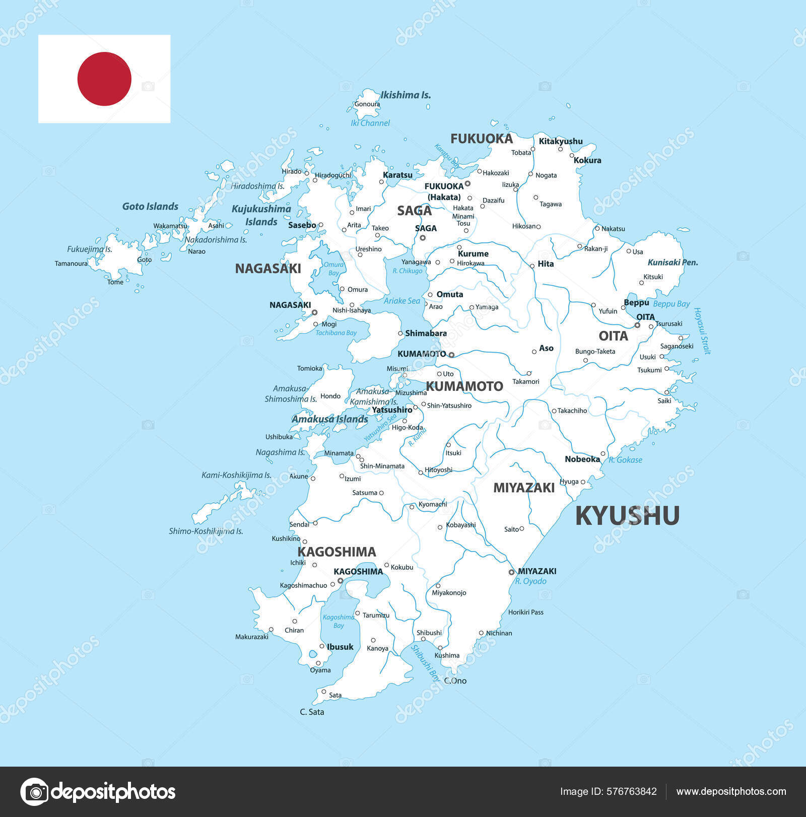 Карта Кюсю Карта Острова Япония Белый Цвет Векторная Иллюстрация.