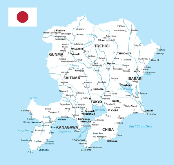 Kanto Map 일본의 구역이다 흰색이다 일러스트 — 스톡 벡터