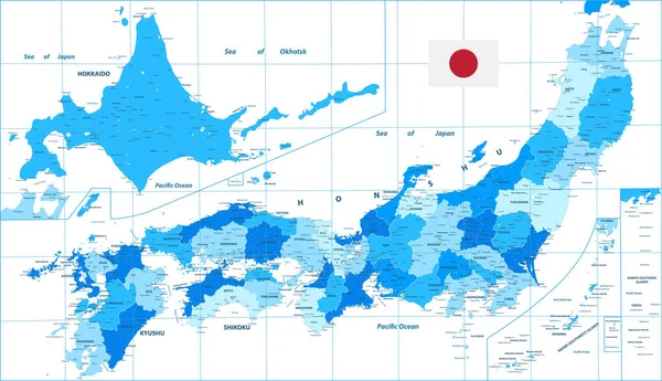 日本の詳細な政治地図 都市や町 青い色だ ベクターイラスト — ストックベクタ