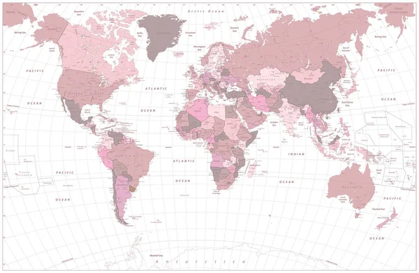 Rosa Världskarta Med Namn Länder Och Deras Huvudstäder Och Vattenföremål — Stock vektor